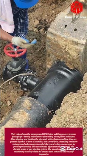 Underground HDPE pipe welding process: installing a massive underground valve with excavator precisi