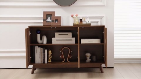 Wirrytor Fluted Sideboard Buffet Cabinet with 3 Doors, Wood Accent Storage Cabinet, Small Credenza Cabinet for Kitchen Dining Living Room Entryway (Walnut)