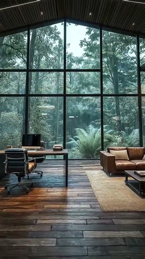 ASMR Heavy Rain Outside Window — Cozy Forest Office & Library Ambience (No Music) | 4K