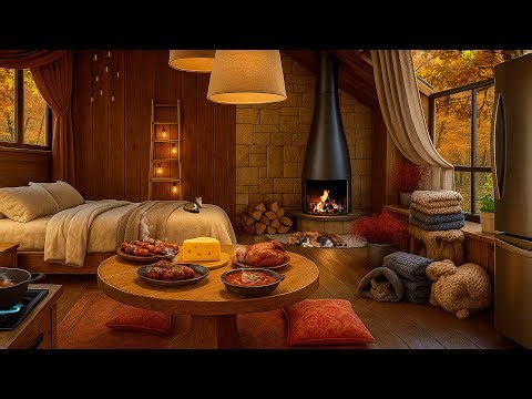 ASMR Cozy Autumn Cabin 🍂 | Fireplace, Comfort Cooking, Nature Sounds & Sleeping Cat & Dog