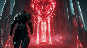 Epic confrontation at a glowing red portal in a dark fantasy realm during twilight