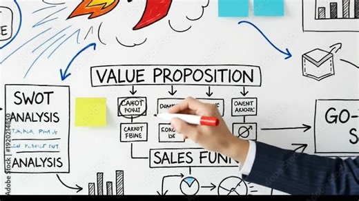 Business strategy planning with SWOT analysis and value proposition.