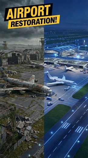 An aging airport is brought back to life through large-scale repairs. Runways are resurfaced, terminals renovated, lighting upgraded, and safety systems modernized. Step by step, the once-worn facility transforms into a fully restored hub ready for travelers again. | Extreme Restoration
