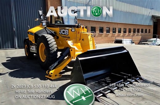 AUCTION | 2x 2023 JCB 530-110 4x4 Telehandlers on Auction, 27 August 2025 at WH Auctioneers 578 16th Road, Midrand. https://www.whauctions.com/#!/auctions/0be08c0d-cde7-4358-bd73-1b546675715b?ic=36&search=JCB Call Wihan 0842535000 or Vinolan 0842525000. View: 25 & 26 Aug. Address: 578 16th Road, Midrand Register to bid on whauctions.com or call 0115745700 for help. | WH Auctions