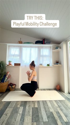 TRY this playful mobility challenge ✨ I always feel this start to burn my calf muscles 😂 A great little drill for building calf/foot/angle strength, ankle mobility and control in the squat. Lovely to weave into warm ups or prep before standing flows or just to add in some playfulness and challenge! Slow, intentional, and surprisingly spicy 🤍✨ #yogateachers #yogateacherlife #yogateachersofinstagram #mobilitytraining #anklemobility #calfstrength #functionalmovement #squatmobility #movementpracti