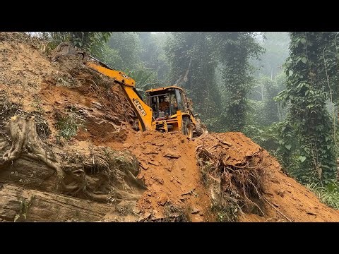 Excavating Rocks, Removing Tree Roots to Extend Mountain Logging Deck Road with JCB