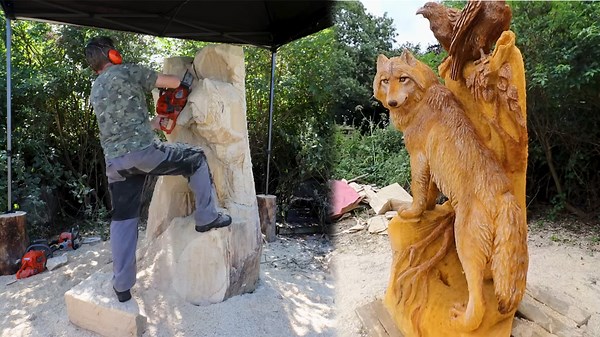 Life-Size Wooden Wolf Crafted With Chainsaw