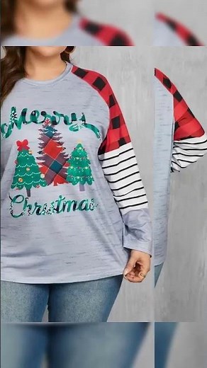 Plus Size Christmas Tree Plaid Round Neck Long Sleeve T-Shirt