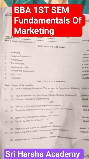FUNDAMENTALS OF MARKETING BBA 1st Sem Model Question paper #sriharshaacademy @Sri Harsha Academy