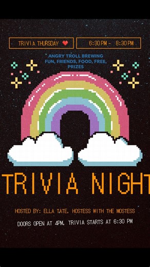 UHHHHHH! It's TRIVIA THURSDAY @ the Troll yawl. IT's kind of an everything all the time, give it your all thing on Thursdays isn't it? Well show up, bring your squad and let's get some fun rolling. No Cover, Just Fun and Friends. Oh and Prizes. CATEGORIES: 1. MISC. / 2. M/C PREFIX AND ROOT / 3. THIS MIGHT BE A SONG THT RHYMES WITH MIGHT / 4. NEAREST / 5. TV PILOT EPISODES / 6. GEOMETRY / 7. BONUS: MOVIE TERMS. #trivia #trivianight #TriviaTime #pubquiz #pubquiztime #pubquiznight #AngryTrollBrewin