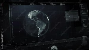 Innovative Software Interface For Target Location Scanning On Global Earth Map. Earth Scan System Interface Connects To Orbital Satellite. Modern User Interface Scanning Earth Surface Territory. UI
