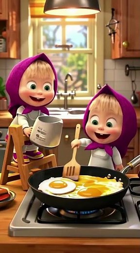 "Cute Mini Chefs Cooking Egg – Adorable Cartoon Kids Kitchen Scene"|‪@TheFoodBuilders‬ |