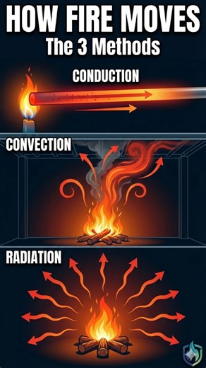 SAFE DECODE on Instagram: "How Fire Travels: Conduction, Convection, & Radiation 🌡️ If you want to stop a fire, you must understand how it spreads, and there are three scientific methods by which heat travels. We call this heat transfer, and every fire uses them. The first method is Conduction: This is the transfer of heat through direct contact, especially through solid materials. Think of picking up a metal spoon left in a hot pot—the heat travels directly through the metal, and this is why f