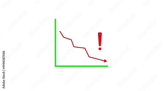 Line graph showing downward trend on white. Red line graph for financial decline. Analytical line graph with exclamation mark for business loss and market alert visualizations.