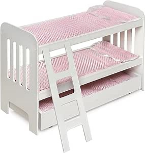 Badger Basket Doll Bunk Bed with Bedding, Ladder, and Free Personalized Kit - Fits Dolls Up to 22 Inches - Ideal for Girl Dolls and Baby Dolls for Pretend Play - White/Pink