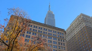 Low angle view from one of the rooftop gardens towards a large number of water towers and skyscrapers including Empire State Building | Premium Stock Video Footage