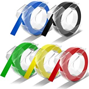 CHAILLY Embossing Tape Compatible for Dymo Embossing Label Maker for Organizer Xpress Office Mate II Motex Label Makers, 1/2'' x 9.8' Label Tape, 5 Roll Color Tapes (Black/Red/Yellow/Green/Blue)