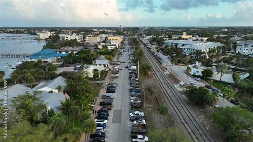 An aerial view captured flying over downtown Stuart’s charming architecture and palm-lined streets beside the St. Lucie River.