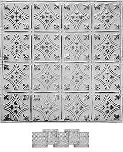 American Tin Ceilings [5 Pack Kit 24" x 24" 100% Tin Nail-Up Ceiling Tiles | Pattern #3 Silver Washed White Small Victorian Design with Floral Arching Diamonds for Ceilings & Kitchens