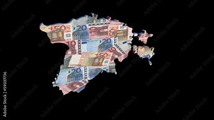 Estonia map with Estonian flag and Euros rotating animation