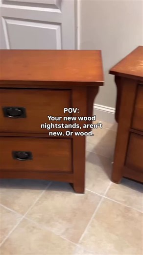 5.8K views · 29 comments | Back at it with @retiqueliquidwood Making these swollen bubbled mdf nightstands into “real” wood. #furnitureflip #fauxwood #furnituremakeover | Flipski Furniture | Facebook