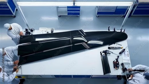 cleanroom technicians assembling long composite blades on inspection table, gowning and gloves emphasized while team aligns parts for lamination and curing, aerospace manufacturing