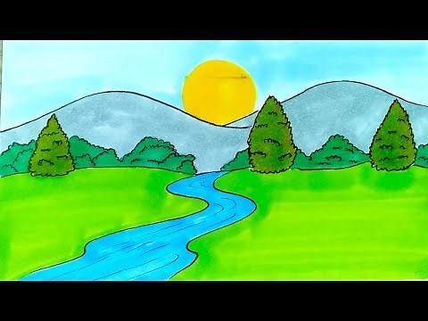 رسم | رسم مناظر طبيعية مع جبال بالالوان للمبتدئين | رسم سهل