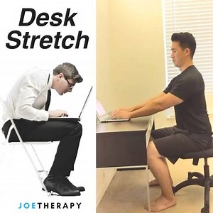 DESK STRETCH FOR THOSE THAT LIVE THE DESK LIFE! - ✏️Does your job include you sitting at a desk?! Are you sitting at a desk reading this right now?! - ✂️Here's a great stretch to do if you feel your back starting to feel tight! If you're feeling a little frisky, you can add some rotation as I did! - 📝Here's How to Perform the Desk Stretch! - 1️⃣Place both elbows on the desk. 2️⃣Slide the chair back until your eyes are level with the edge of the desk. 3️⃣Place your hands on the base of your neck