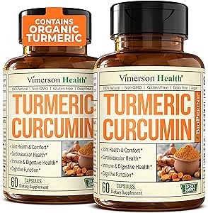 Turmeric Curcumin Supplement – 1200mg Organic Turmeric Curcumin with Black Pepper Extract for Max Absorption – Digestive & Joint Supplements for Men & Women w. Tumeric Extract & Bioperine – 2 Pack