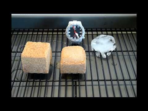 Melting Pykrete block at full and half concentration, versus plain ice cube