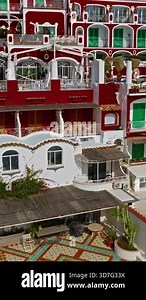 Aerial view of Positano. Marina Grande beach, town hall, SantAndrea duomo bell tower in Amalfi coast, Italy.