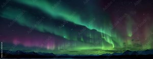 Aurora Dreams. A slow-moving aurora borealis animation with mesmerizing colors that dance across a starlit sky, digital painting.