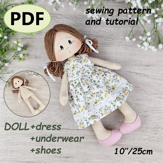 Patrón de costura para muñeca de trapo (PDF) de 25 cm (10 pulgadas) con vestido, zapatos y ropa interior (Tutorial en PDF) - Etsy España