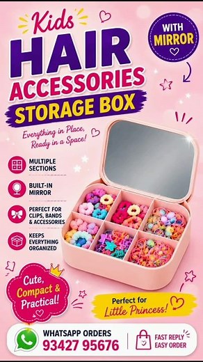 Kids Hair Accessories Organizer with Mirror 🎀 | Cute Storage Box