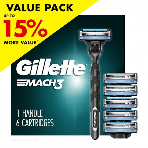 Gillette Mach3 Manual Razor, 1 Handle and 6 Blade Refills, Silver