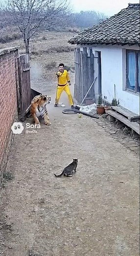 Tiger meets the Cat's protector: A Bruce Lee-Like Master! Fear the Yellow Suit!💥 #cat #tiger #fypシ