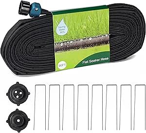 Hourleey Flat Soaker Hose 50 FT for Garden, 50' Linkable Consistent Drip Irrigation Hose, Leak-free Dual-layer Design Saving 80% Water Garden System Water Hose with Holes