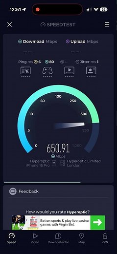 Hyperoptic 1 Gbps Broadband WiFi 6 Speed Test