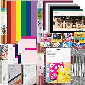 Cricut Deluxe All-in-One Materials and Accessories Bundle - 70+ Piece Beginner Sampler Material Kit for Cricut Explore Air and Maker Machines- Vinyl, HTV, Card Making Packs, and Sticker Paper