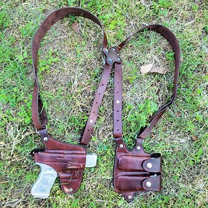 Premium Handcrafted Leather Horizontal Shoulder Holster With Double Carry Magazine Pouch - Custom Molded Gun Holster With Steel Thumb Break - Etsy