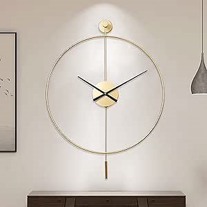 YISITEONE Classical Large Decorative Wall Clock with Pendulum, Modern Non-Ticking Silent Metal Wall Clocks for Living Room, Bedroom, Study, Office, 23.6" (Gold)