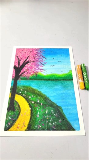 Just oil pastels but look atthis beautiful view 🌸🎨#artshorts #easytutorial#diy#art #oilpasteldrawing