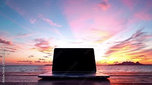 A laptop on a table behind a window, with a sunset view, featured in a seamless 4K looping timelapse.