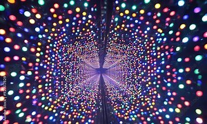 colorful LED light patterns that create a stunning infinity mirror effect. The lights are arranged in such a way that they shine in all directions and are perfectly symmetrical,