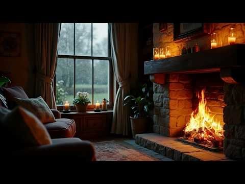 Cozy Rainy English Cottage Fireplace 🌧️🔥 ASMR Rain, Fire Crackle & Soft Piano | 4K