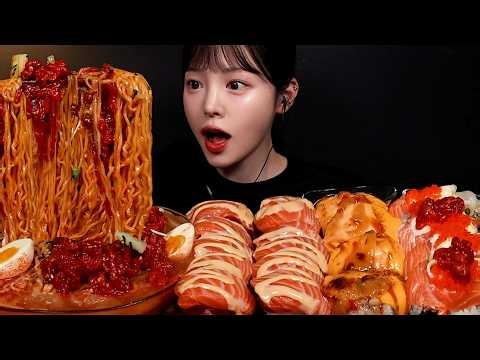 SUB)요즘 핫한 불닭냉면 먹방! 리뉴얼버전으로 다시 가지고 왔어요🍜🔥육회초밥 연어롤까지 꿀조합 Buldak Cold Noodles & Sushi Mukbang Asmr