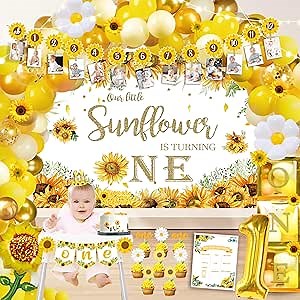 174pcs Sunflower 1st Birthday Party Decorations - Sunshine First Birthday Supplies Decor Kit, Balloon Backdrop Banner Cake Cupcake Topper Crown