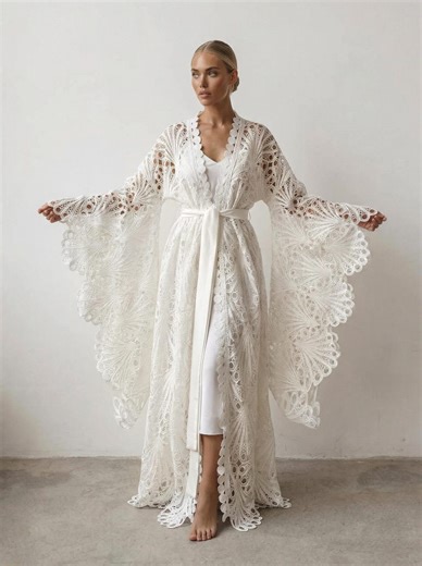 Lace Kimono Bridal Robe, Crochet Boho Wedding Cover Up, Designer Luxury Duster, Romantic Lingerie Top, Milk White Evening Wrap - Etsy