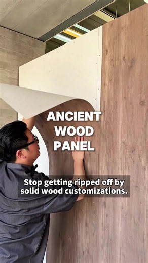 Stop getting ripped off by solid wood customizations. This bendable Ancient Wood Panel lets you easily create a high-end log cabin look. #ancientwoodpanel #buildingmaterials #interiordesign #commercialdecor #walldecor