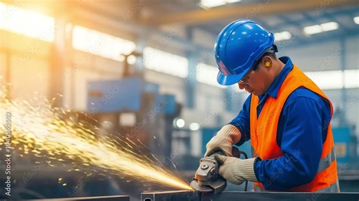 Worker grinding metal with sparks flying in industrial factory, detailed close up motion footage